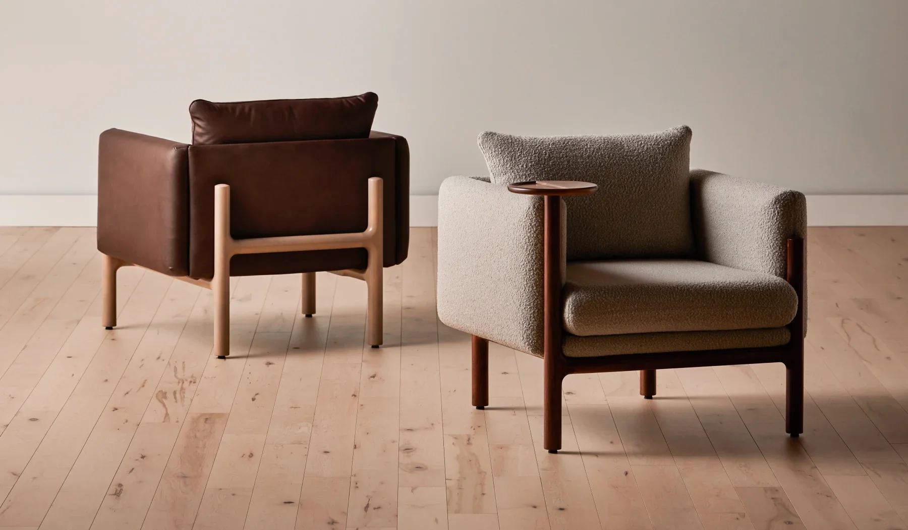 Coordinated Kimball lounge chairs in contrasting upholstery.