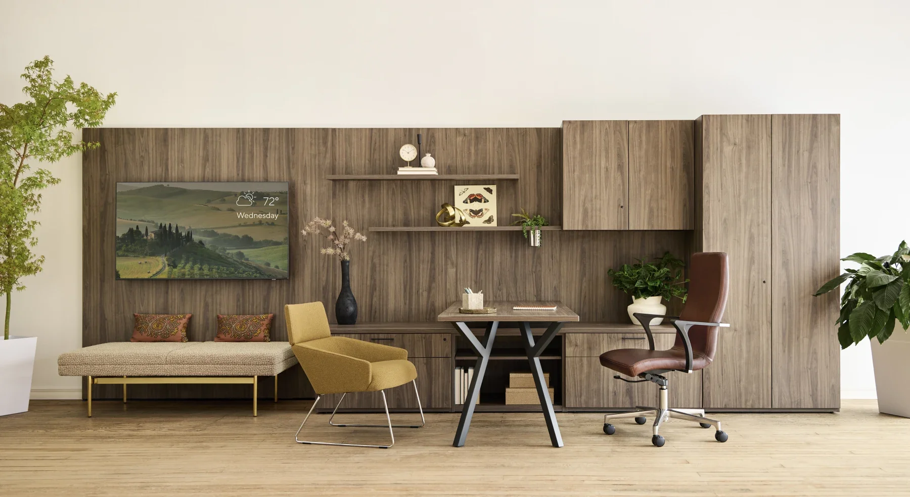 Private-office and lounge furniture in a coordinated Kimball environment.