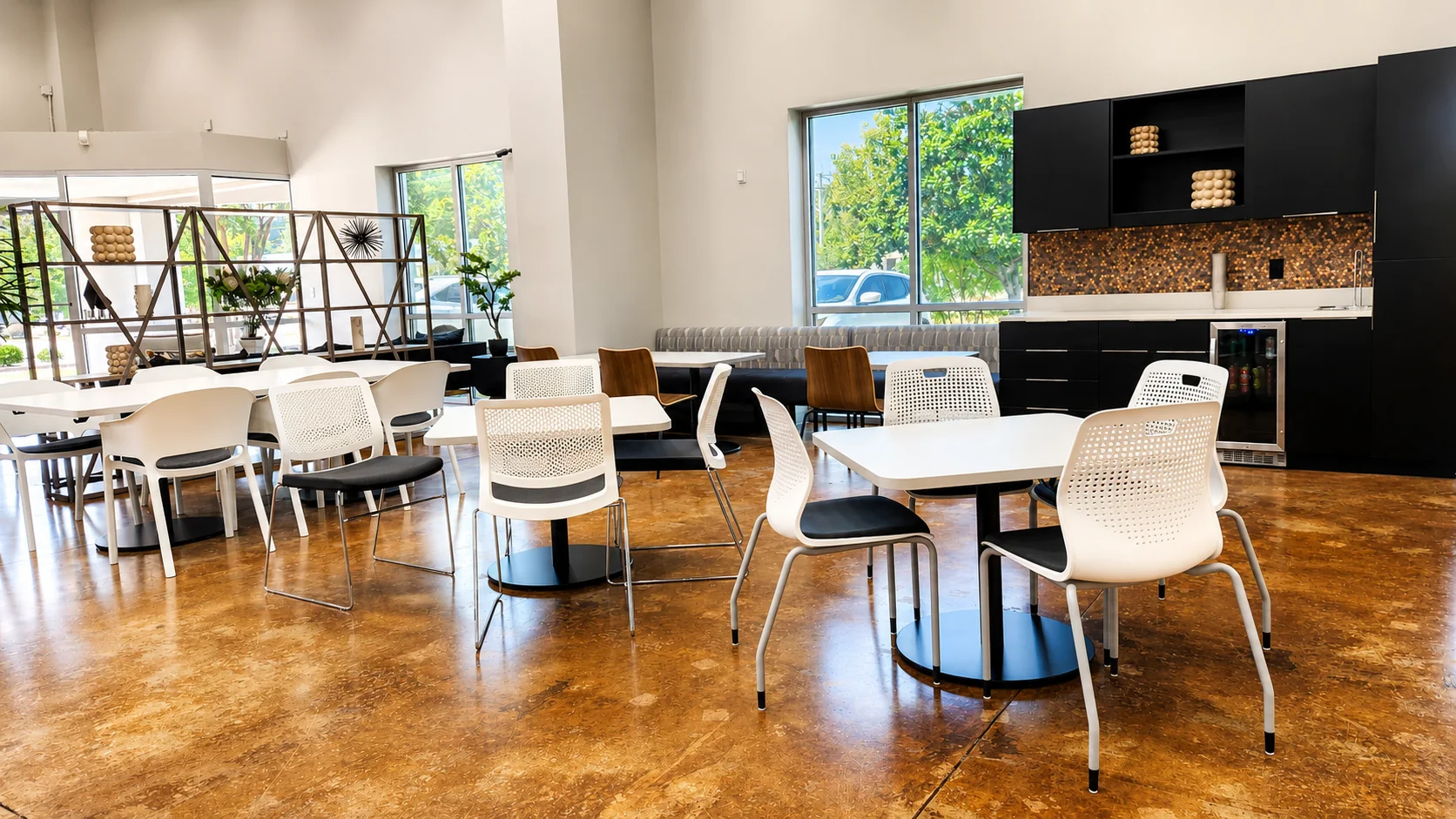 Meeting tables, chairs, and cabinetry in the Pettus Interiors Little Rock showroom