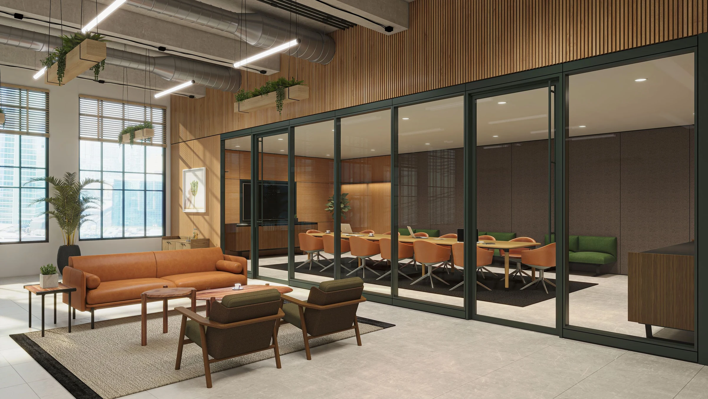 Meeting room enclosed by dark-framed glass and solid architectural wall components