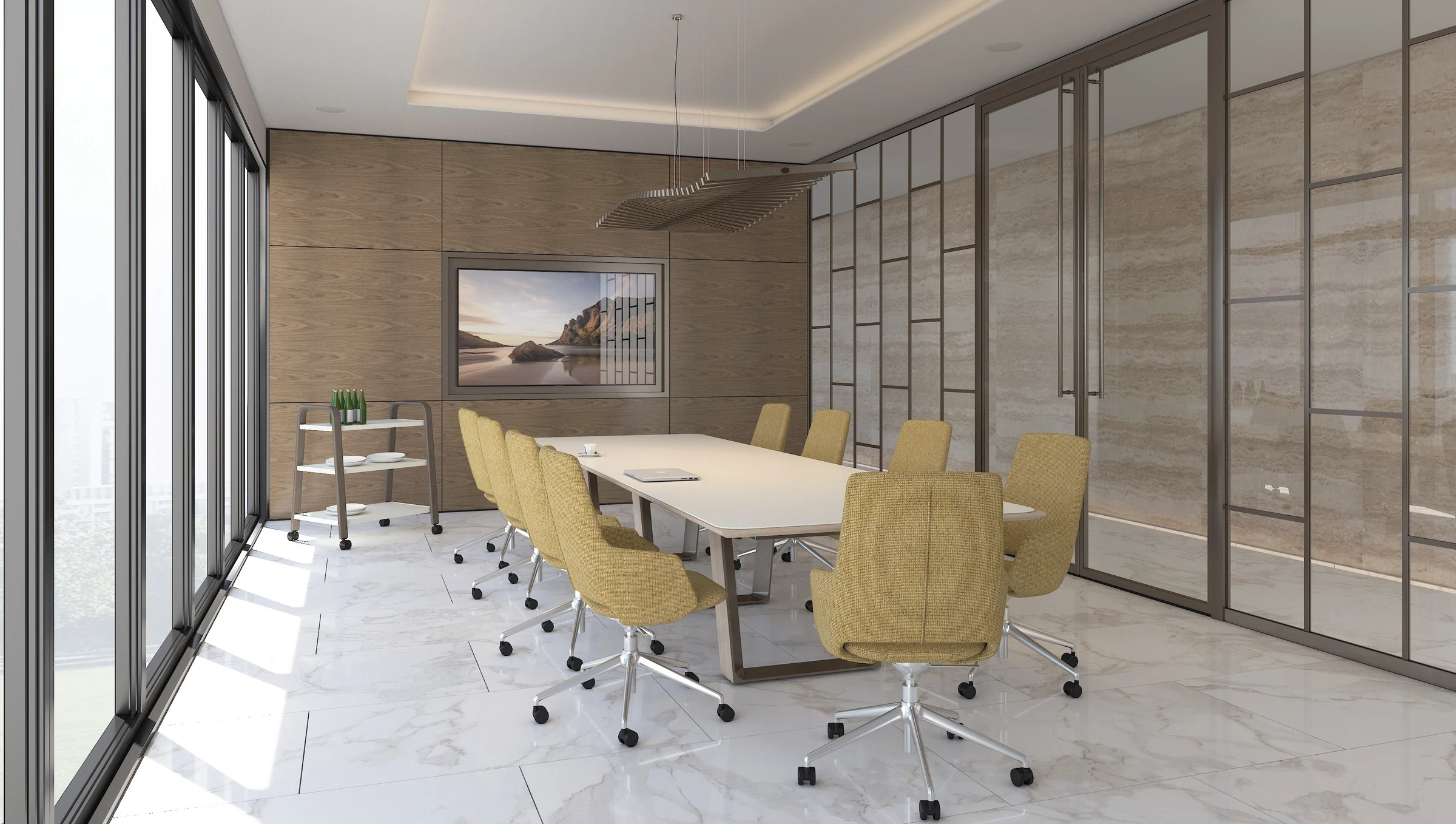 Altos meeting room with solid wall fascia, an integrated display surround, and a glass entrance