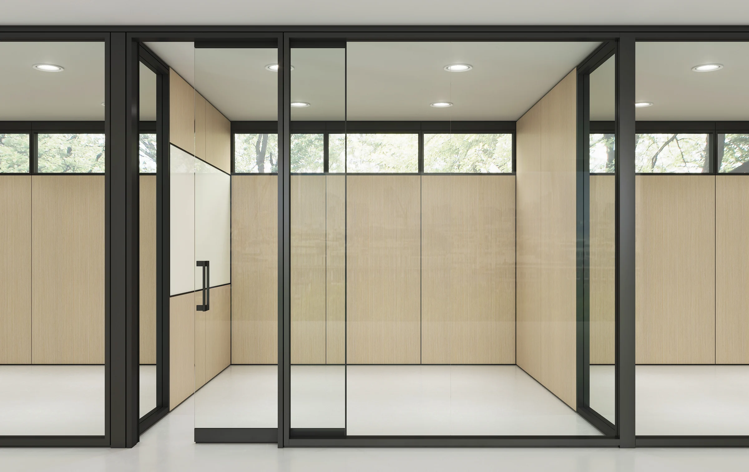 Optos glass storefront showing adjacent sliding and hinged glass door conditions