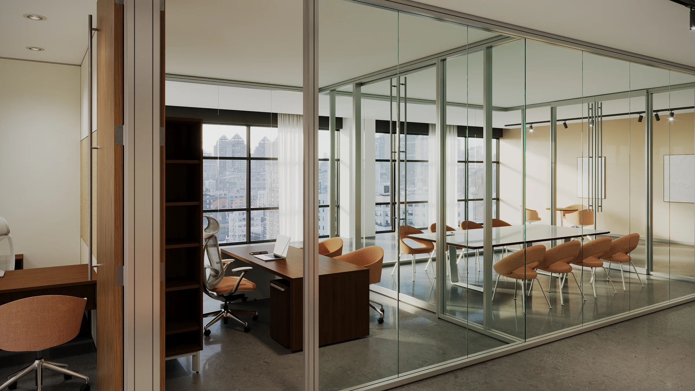 Optos glass storefront wrapping adjacent work and meeting areas