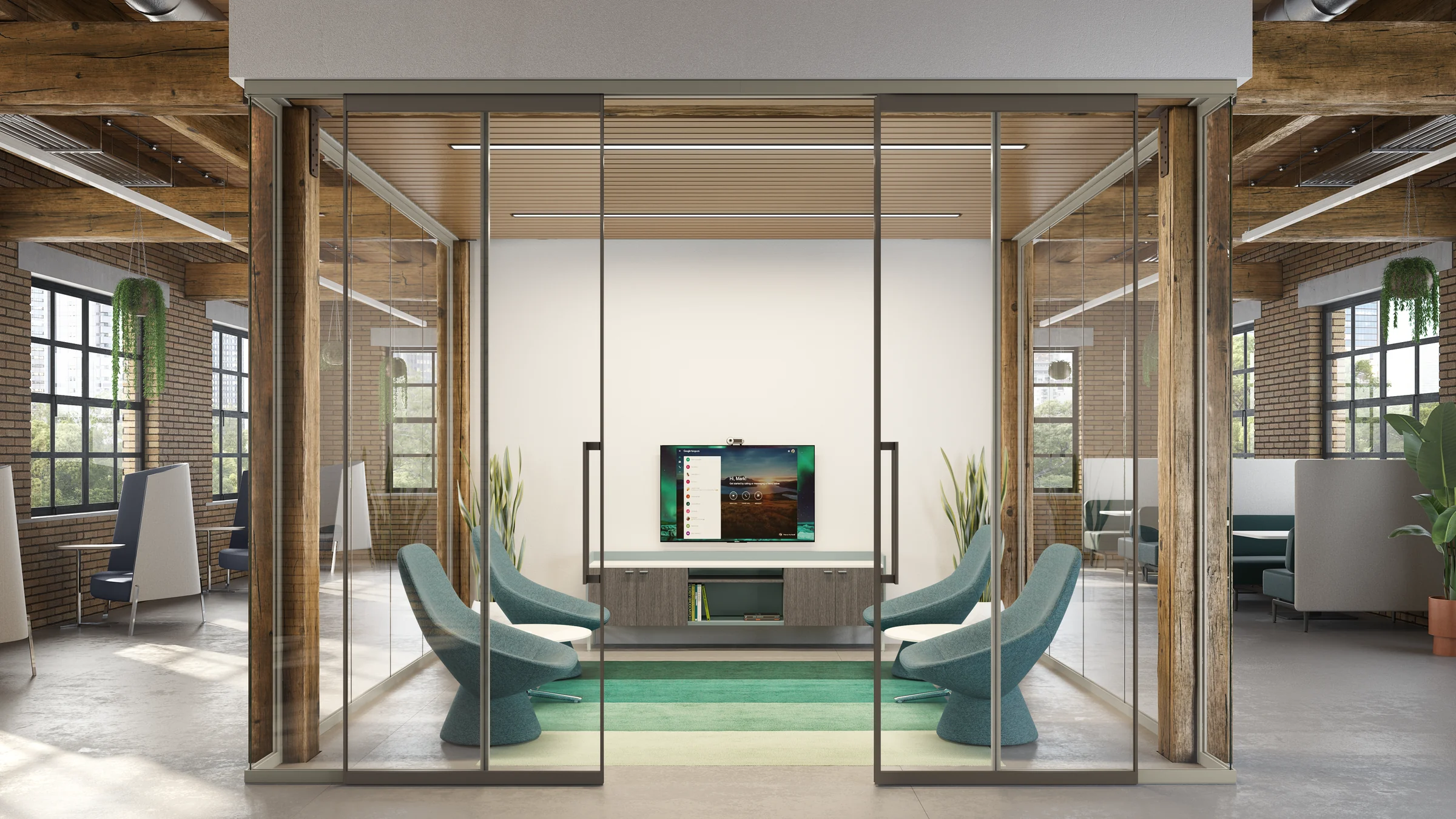 Tek Vue conference room with paired sliding glass doors on overhead rails