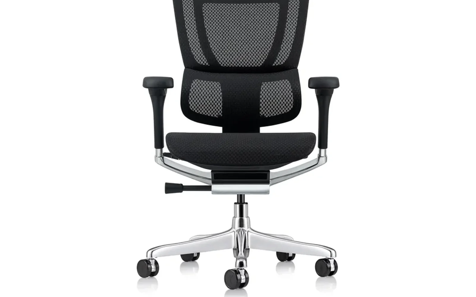 Black mesh Eurotech task chair with armrests and a polished five-star base