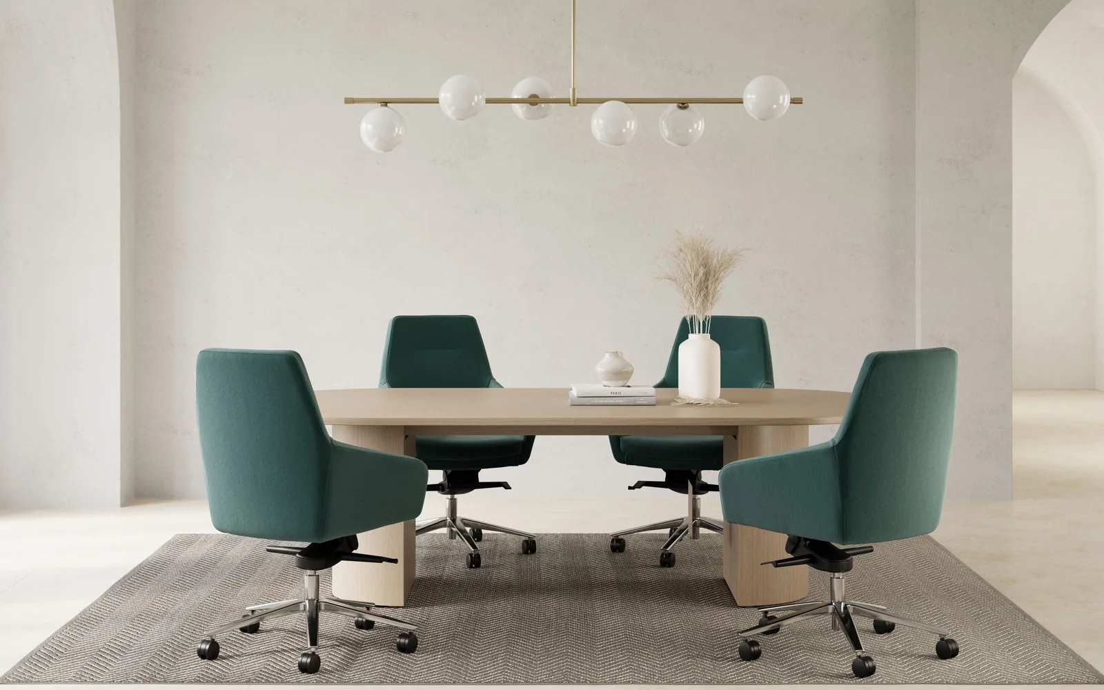 JSI conference room with a light wood rectangular table and six teal upholstered chairs
