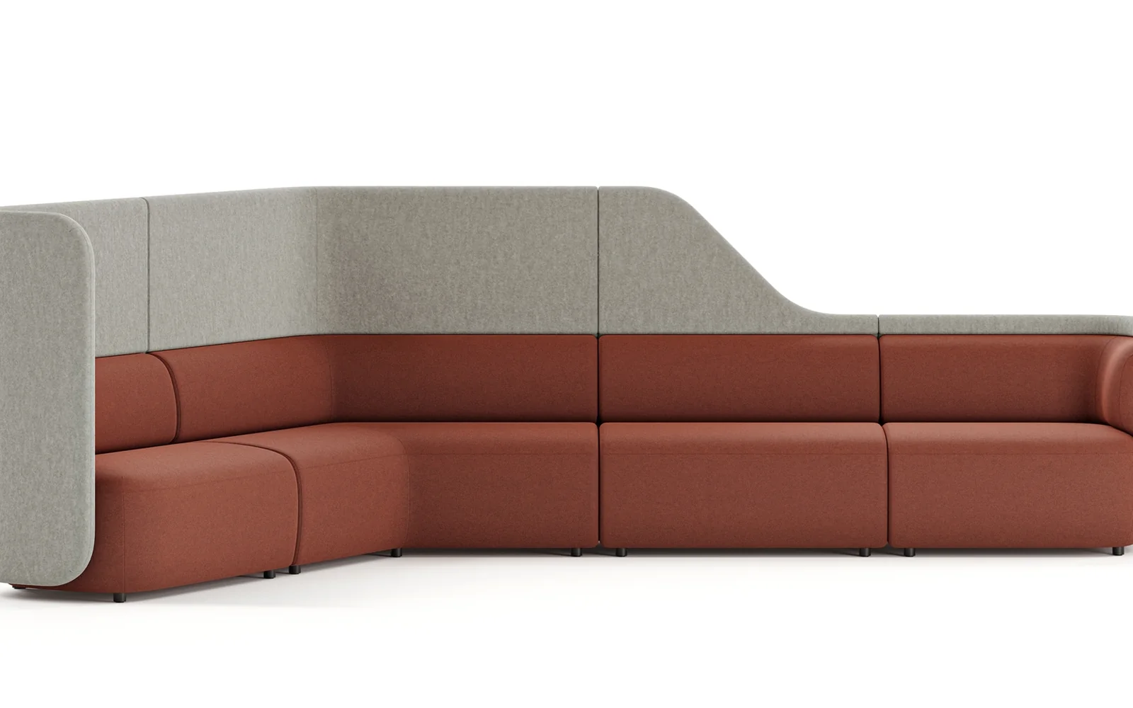 OFS Obee curved modular sofa with rust-colored seats and a tall light-gray surround on a white background